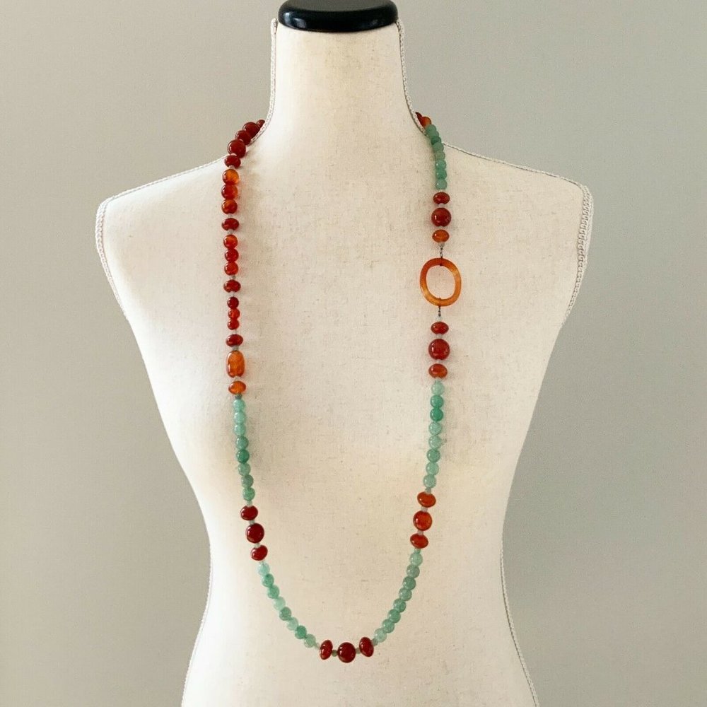 Jay King Brick Red Carnelian Agate Green Aventurine Bead Sterling Necklace 40"